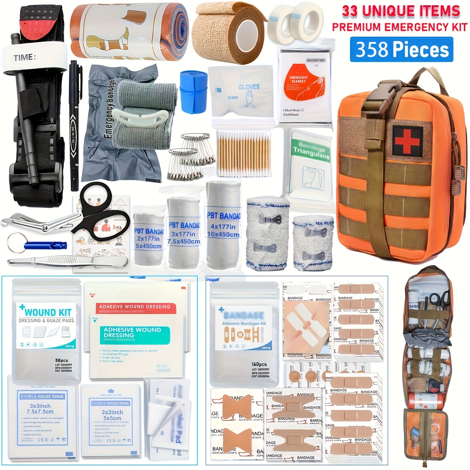358pcs Marine Survival First Aid & Emergency Medical Kit with Trauma Shears & Rescue Whistle - Heavy-Duty Anti-Rust Case, 358pcs All-in-One Outdoor Medical Supply with CPR Mask, Splinting Kit, Bleeding Control, Splinting & Tr