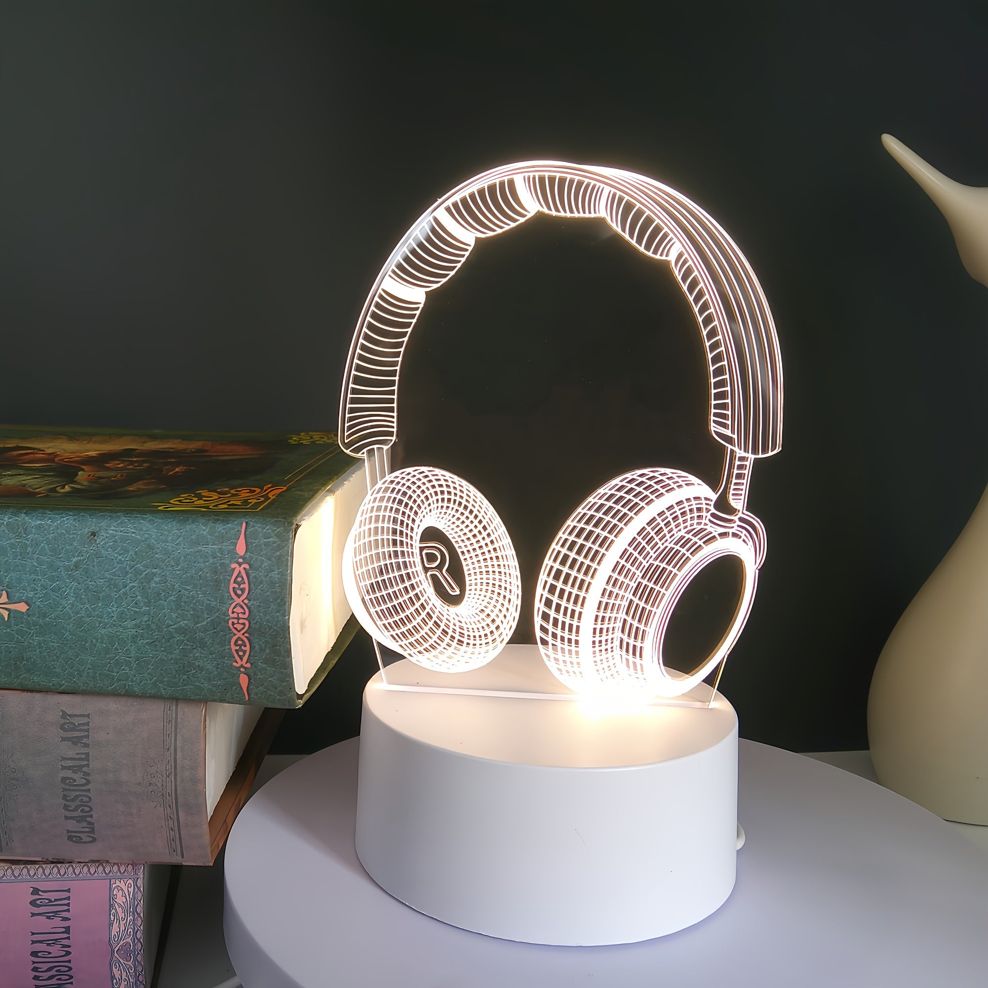1pc 3D Headphones Night Light with Monochrome Warm White LED, USB Plug-in Ambient Bedroom Decor, Creative Gift for Family &amp; Tech Lovers, No Batteries Needed, Bedroom Accessory, Decorative Lamp, Decorative Craftsmanship