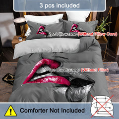 3-Piece Romantic Couple Bedding Set - Vibrant Kiss Sketch Crimson Lips Design, Soft Brushed Microfiber Fabric, Hypoallergenic, Breathable, Easy Care - 1 Duvet Cover + 2 Pillowcases, No Pillow Core Included