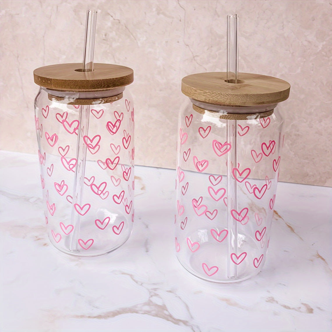 16oz Heart Print Glass Water Bottle with Straw and Lid, Hand Wash Only Recyclable Glass, Reusable Multipurpose Beverage Cup for Coffee, Milk, Juice, Beer