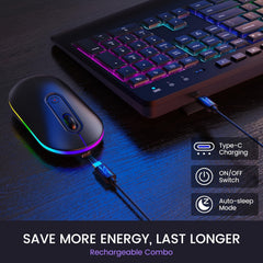 Wireless Keyboard and Mouse RGB Backlit- 2.4G Rechargeable Keyboard Full-Size with Phone/Tablet Holder, Silent Ergonomic Wireless Keyboard Mouse Combo for Computer, PC, Laptop