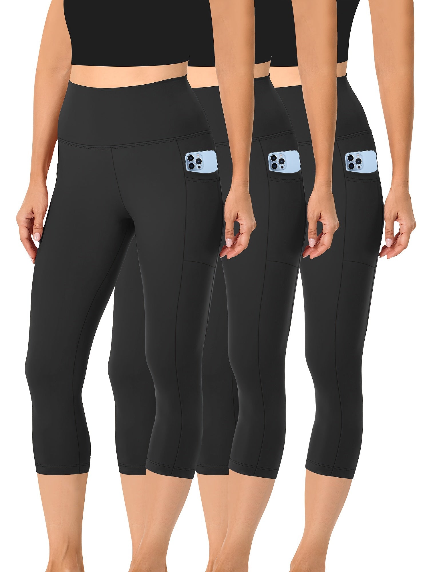 3pcs Set, Standard Size High Waist 7-point Women's Pants with Practical Side Pockets, High Elastic Body Shaping Leggings, Super Soft Tummy-controlling, Non-see-through Shorts.