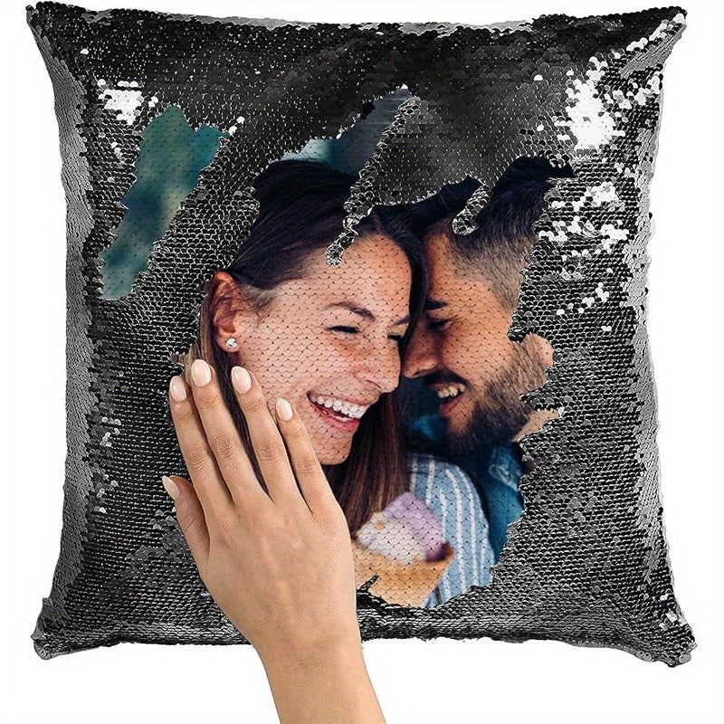 1pc Romantic Couple Photo Pillow Cover - Magical Reversible Home Decor Gift, 18.0inch x 18.0inch Anniversary Decoration Pillowcase, Peach Fleece Material with Simulated Sequin Design (No Sequins, Glitter Effect is Design)
