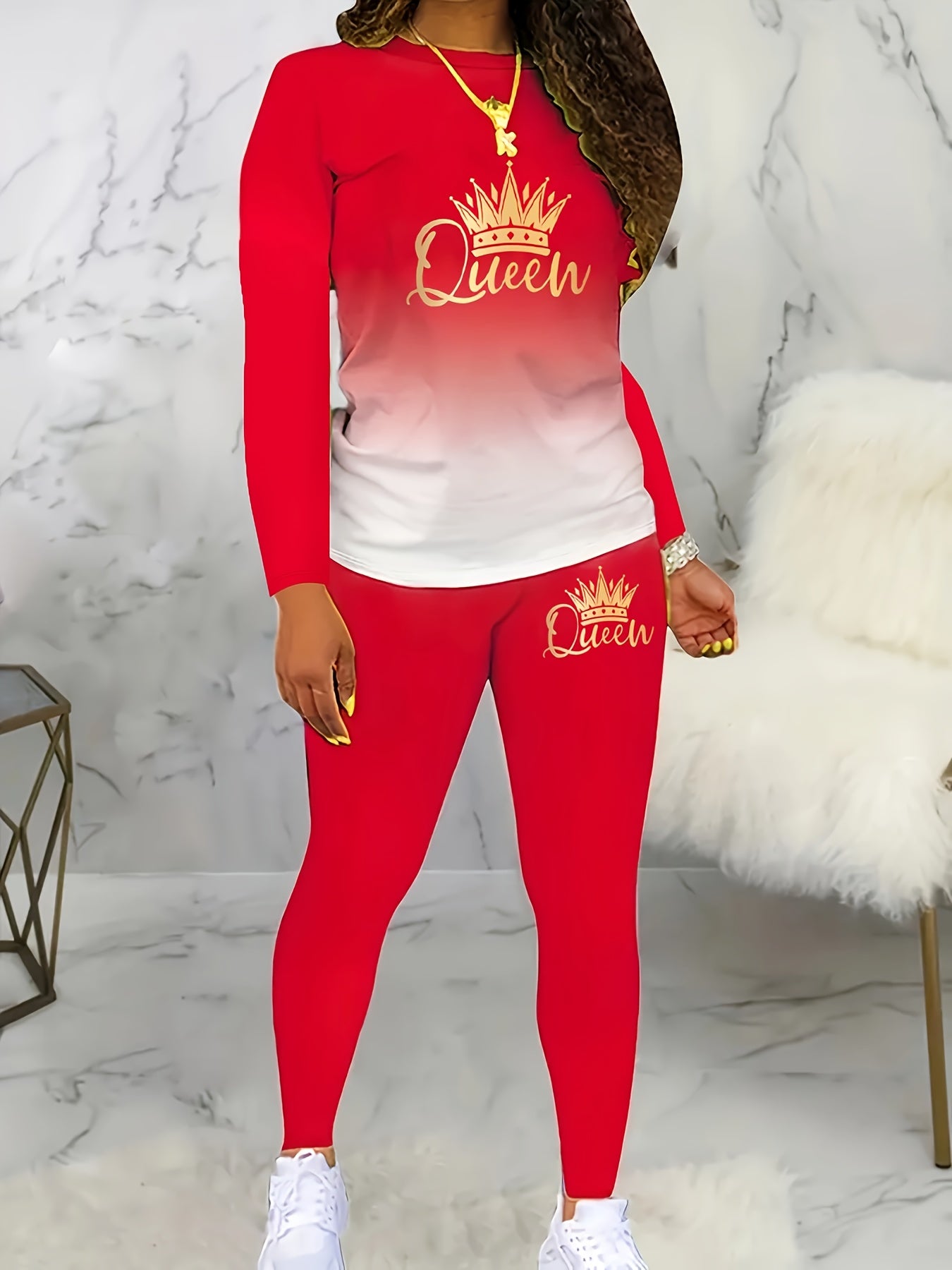 Gradient Crown Print Casual Autumn and Winter Long Sleeve Round Neck Women's Pants Set
