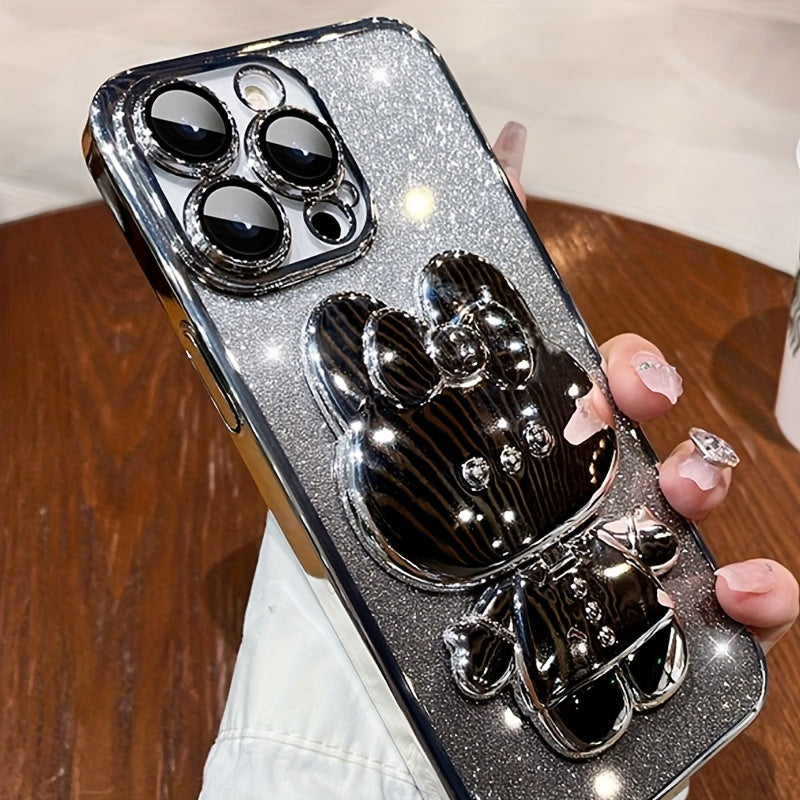 [Romantic iPhone Case] Apple iPhone 15/14/13/12/11Pro max Case, 1 Deluxe Electroplated | Romantic Cute Bunny Phone Holder and Hidden Holder - Shockproof Ultra-thin Protection, Easter - Valentine's Day Gift