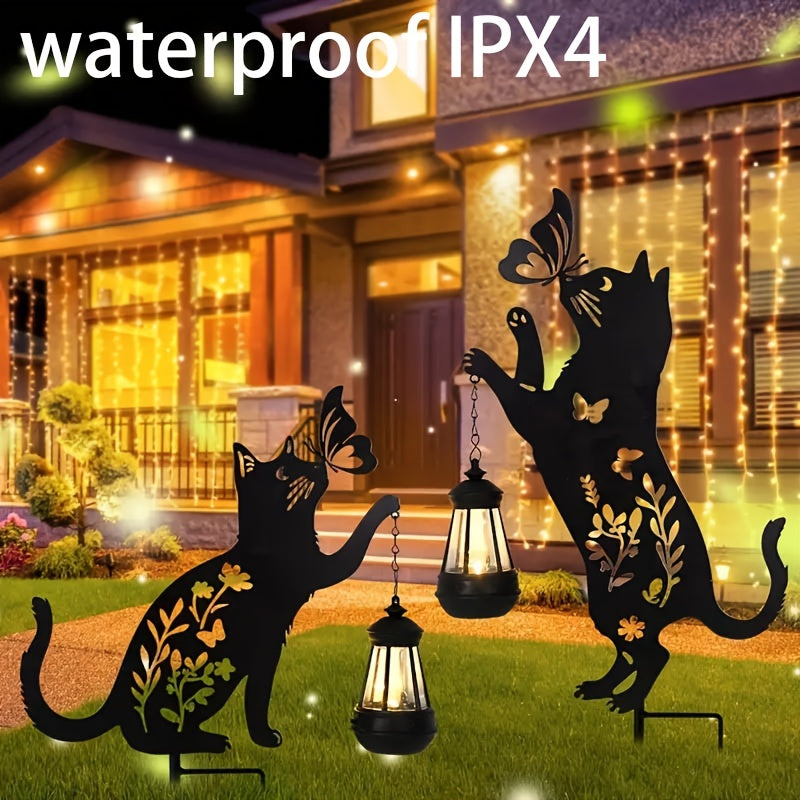 2-Pack Metal Cat Silhouettes with Solar Lights, Outdoor Garden Stakes, Artistic Black Cat Solar Lantern Decor, for Lawn And Patio, Solar-Powered, Nickel Battery, No Removable Parts