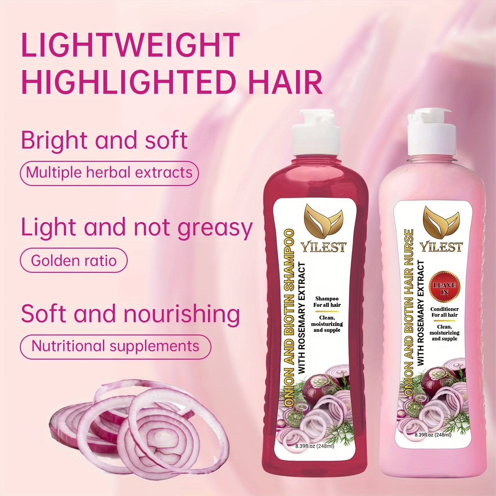 YILEST 2-bottle Onion Bio-Shampoo Set Rosemary Shampoo And Conditioner, Smoothing, Cleaning Hair - Soft And Shiny, for damage Hair, Shampoo for All Hair Types - Hair Moisturizing, Not Greasy, Christmas Mother Holiday Gift