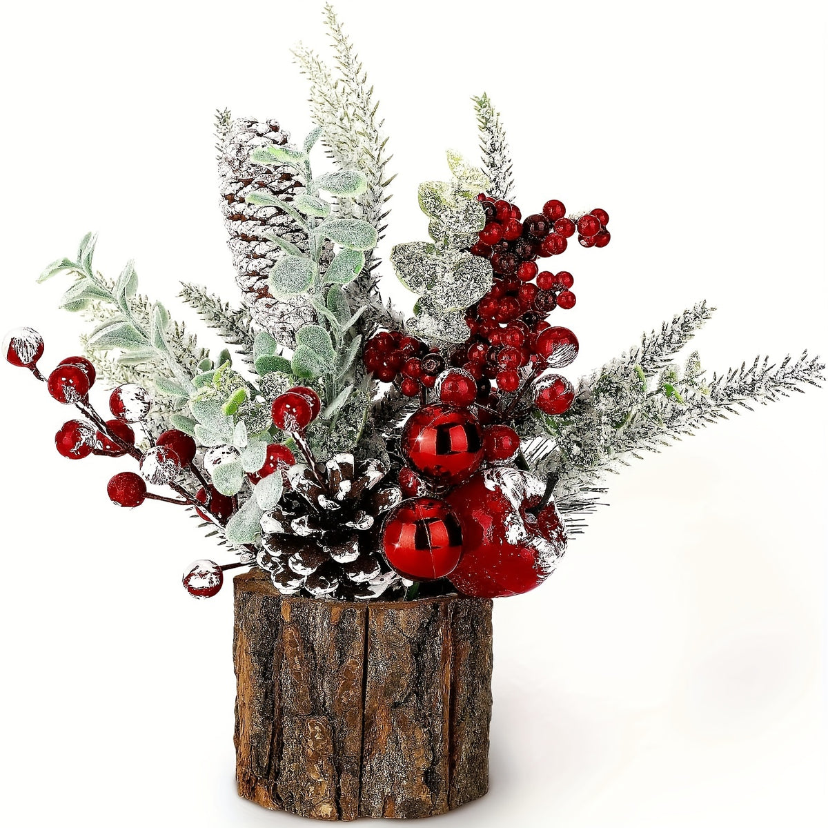 Classic Christmas Centerpiece with Red Berries, Pine Cones, and Greenery - Festive Tabletop Artificial Mini Tree Decoration, Non-Electric, Featherless Holiday Ornament Set in Faux Tree Stump (Tree Stump-Red)
