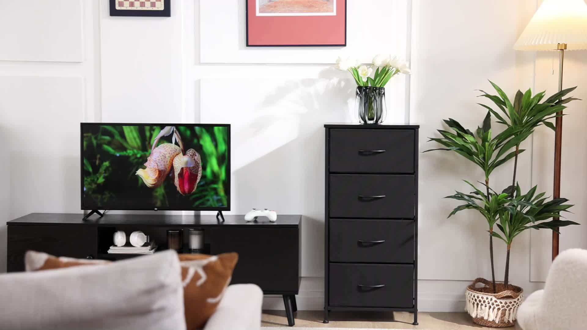 ANTONIA Classic 4-Drawer Dresser with Metal Frame & Wood Top - High-Density Fiberboard, Black Finish, Easy Assembly, 27" Tall Storage Cabinet for Bedroom, Living Room, Entryway - Includes Decorative Lamp & Plant, Bedroom Furn