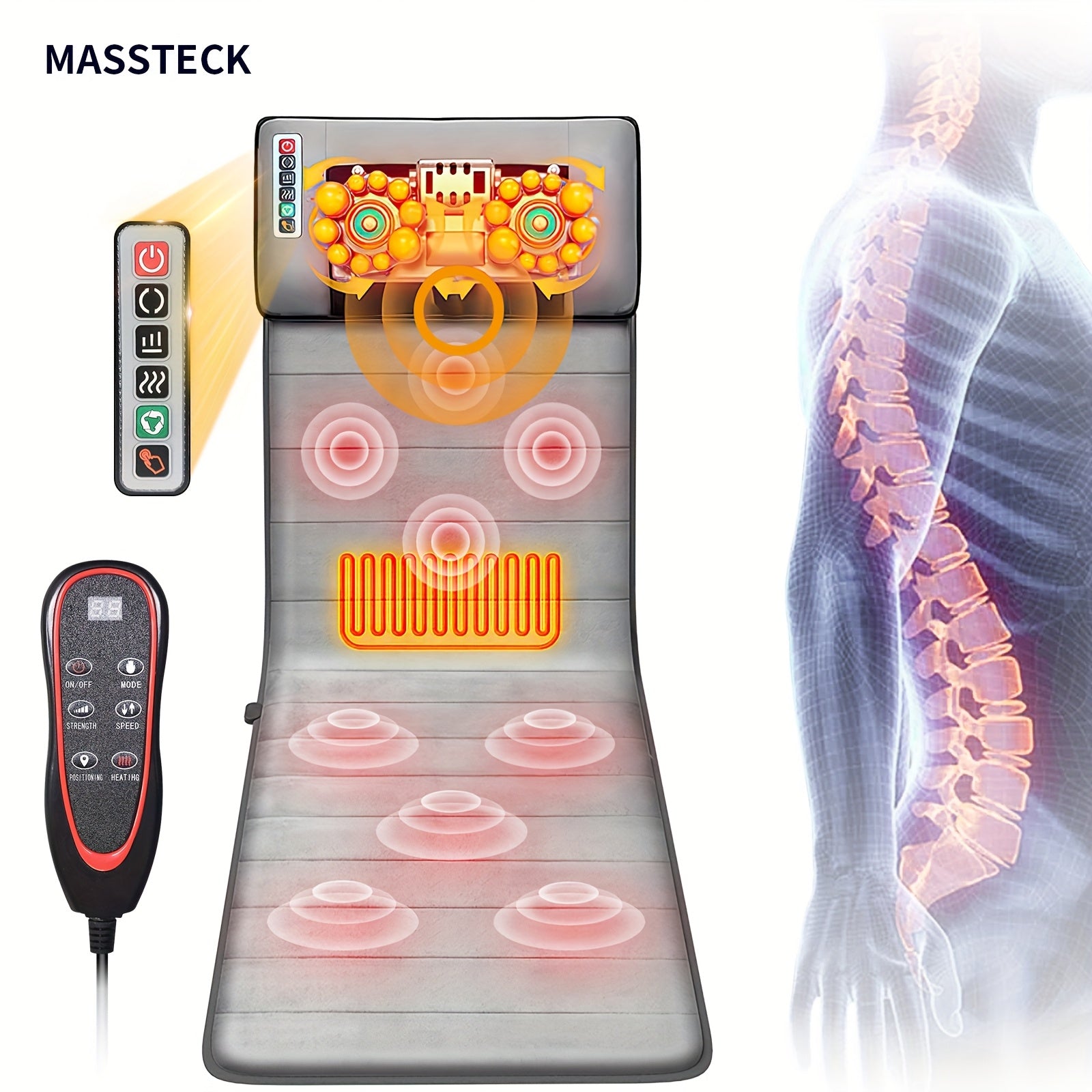 MASSTECK Full Body Massager Mat with Heat &amp; Movable Shiatsu Neck Back Massager Pillow, Lumbar Traction &amp; Relax,9 Vibration Motors &amp; Back Heating Pad,Full Body Massager for Neck Back Waist Hip Leg, Massage Gift For Mom/Dad/Wom