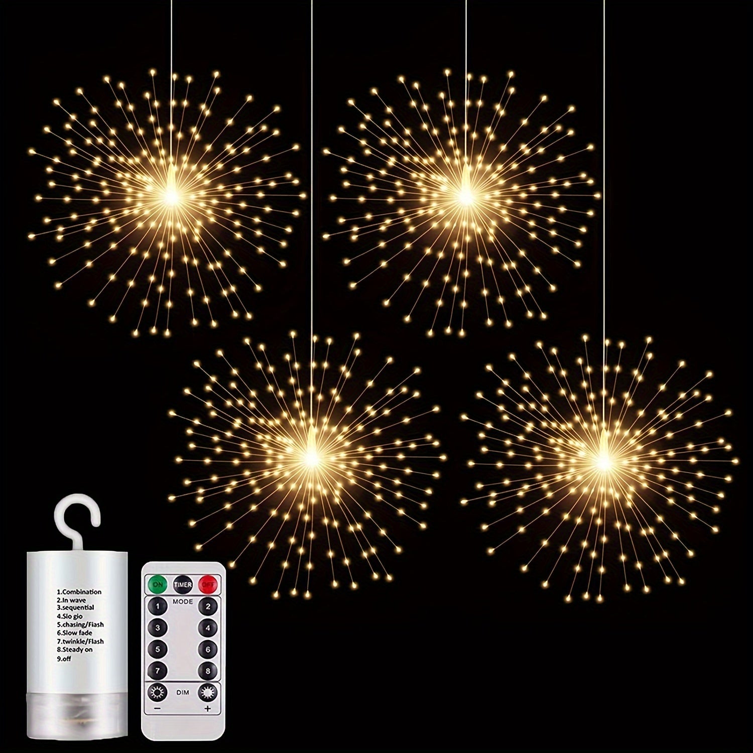 4 Pack Starburst Sphere Lights 800 LED Firework Lights, 8 Modes Dimmable Remote Control Waterproof Hanging Fairy Light, Copper Wire Lights for Patio Parties Christmas
 (Battery Operated)