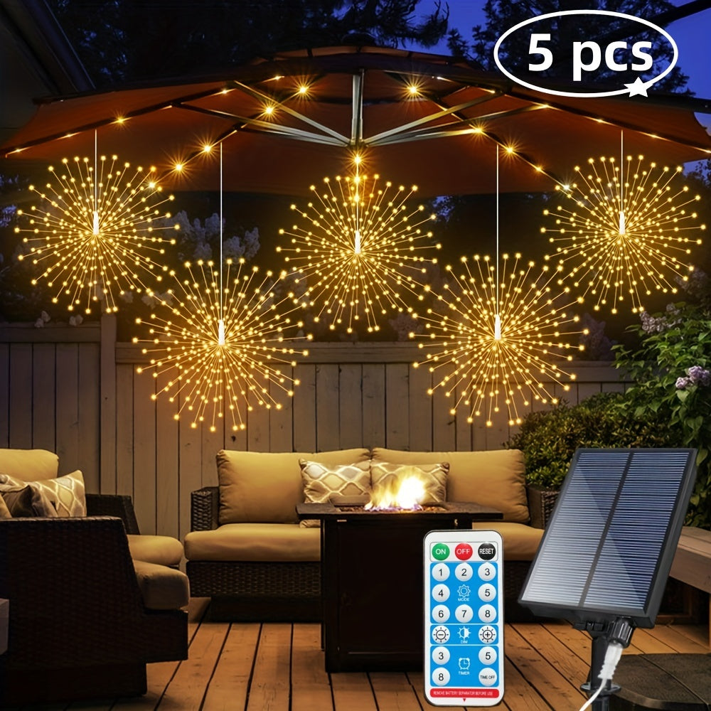5 Pack 450LEDs Solar Starburst Sphere Lights, Firework Lights Remote Control Timer 8 Modes Dimmable IP65 Waterproof Hanging Fairy Light, Copper Wire Sparkly Lights For Patio Party Tent Christmas