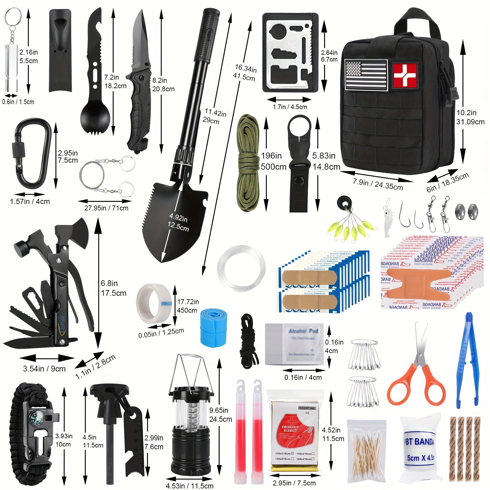 Survival kit and first aid kit 170 in one, 170 emergency supplies, camping accessories, upgraded Molle kit including axe, shovel, knife, lantern. Suitable for men outdoor adventure, camping, hiking, fishing, hunting, hiking,