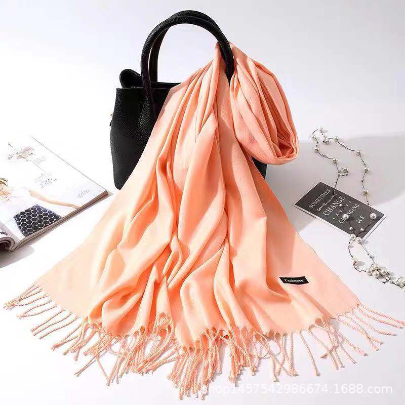 Imitation Cashmere Scarf for Women, Solid Color Fringed Warm Dual-use Shawl