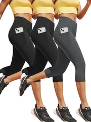 3pcs Set, Standard Size High Waist 7-point Women's Pants with Practical Side Pockets, High Elastic Body Shaping Leggings, Super Soft Tummy-controlling, Non-see-through Shorts.