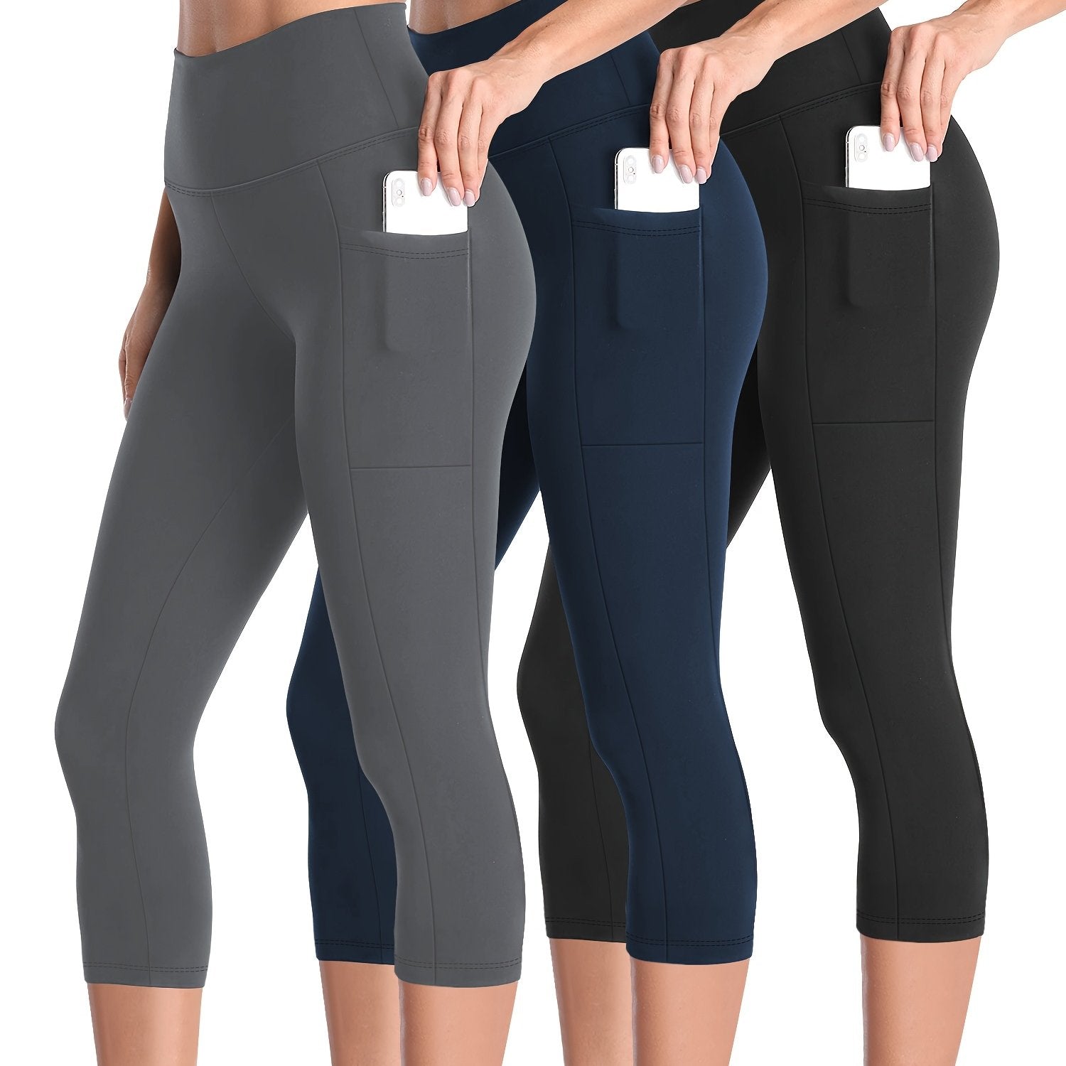 3pcs Set, Standard Size High Waist 7-point Women's Pants with Practical Side Pockets, High Elastic Body Shaping Leggings, Super Soft Tummy-controlling, Non-see-through Shorts.