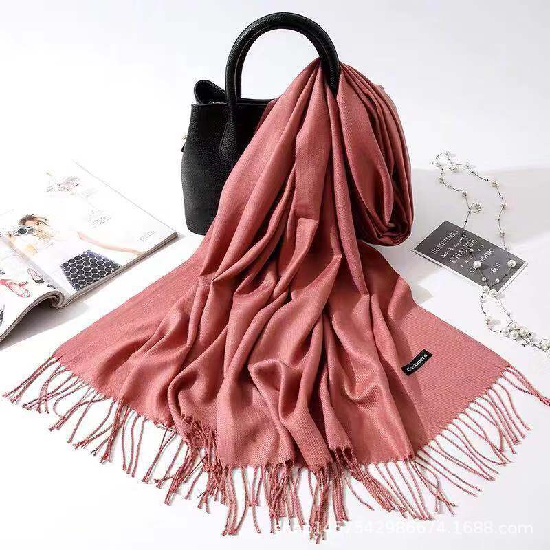 Imitation Cashmere Scarf for Women, Solid Color Fringed Warm Dual-use Shawl