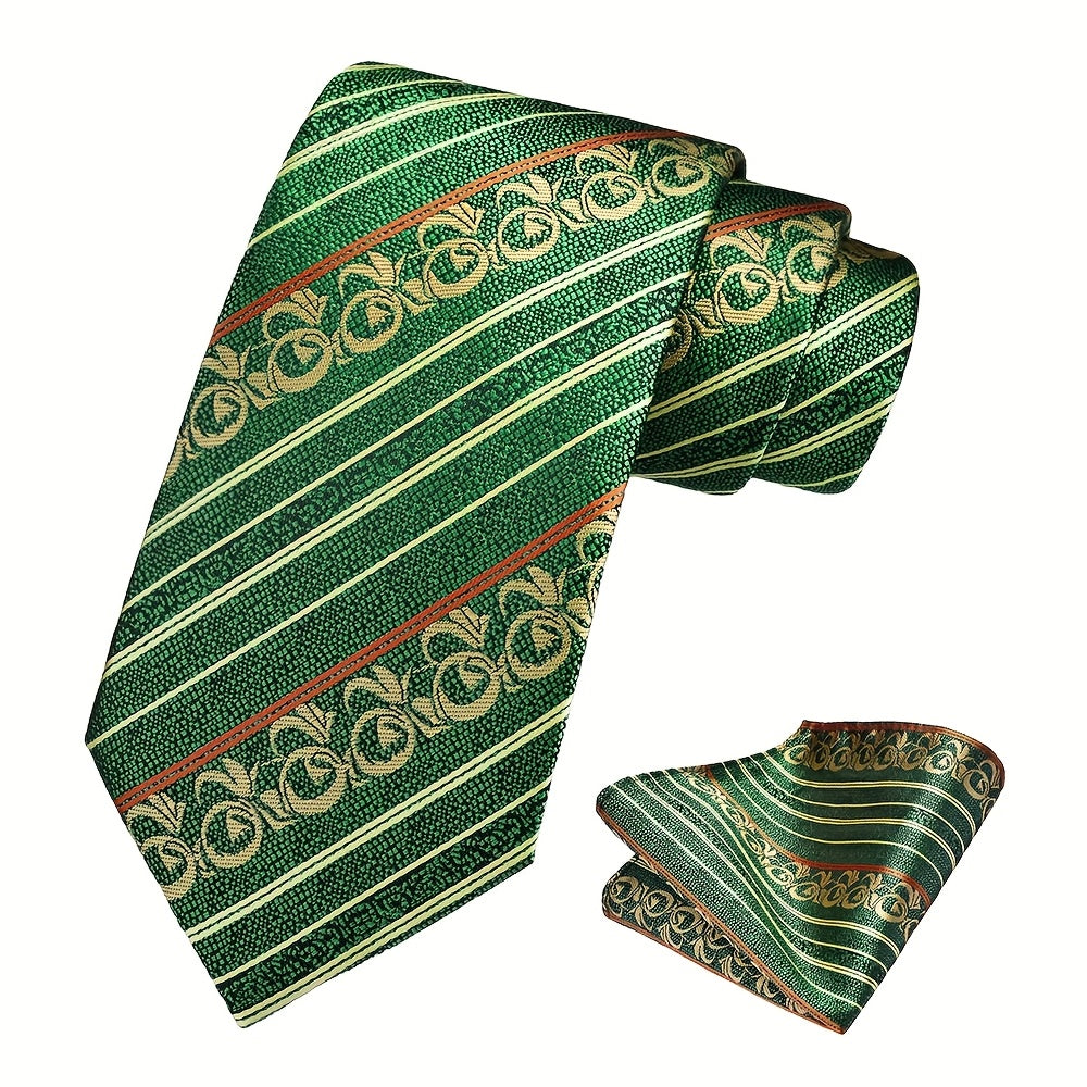 Ricnais Set of 2 Men's 8cm Striped Tie and Square Scarf High Quality Classic Fashion Wedding Party Business Tie Set Men's Wedding Accessories Home Gift Christmas Gift Party Gift
