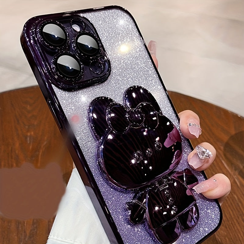[Romantic iPhone Case] Apple iPhone 15/14/13/12/11Pro max Case, 1 Deluxe Electroplated | Romantic Cute Bunny Phone Holder and Hidden Holder - Shockproof Ultra-thin Protection, Easter - Valentine's Day Gift