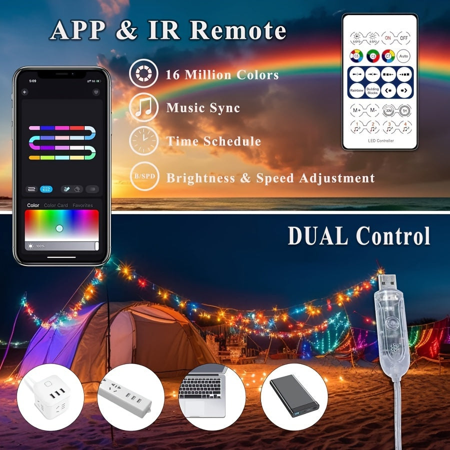 IP65 Waterproof RGB+IC Light With USB Infrared Remote Control Intelligent Wireless LED Fairy Light Christmas Light APP Control Music Synchronization Color Changing LED Strip Light With Remote Control LED Strip Light Mobile Ap