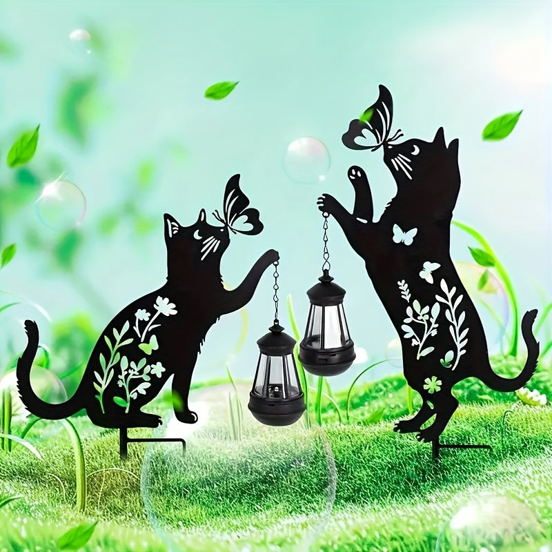 2-Pack Metal Cat Silhouettes with Solar Lights, Outdoor Garden Stakes, Artistic Black Cat Solar Lantern Decor, for Lawn And Patio, Solar-Powered, Nickel Battery, No Removable Parts
