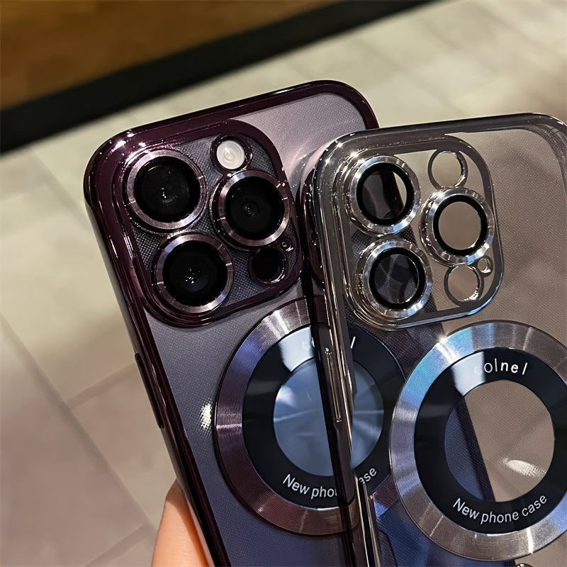 [Luxury Phone Case] Wireless Luxury Phone Case | Transparent Magnetic Electroplated Hollow Logo TPU Shockproof with Lens Film for Iphone 11/12/13/14/15/16 Pro Max Plus Soft Cover