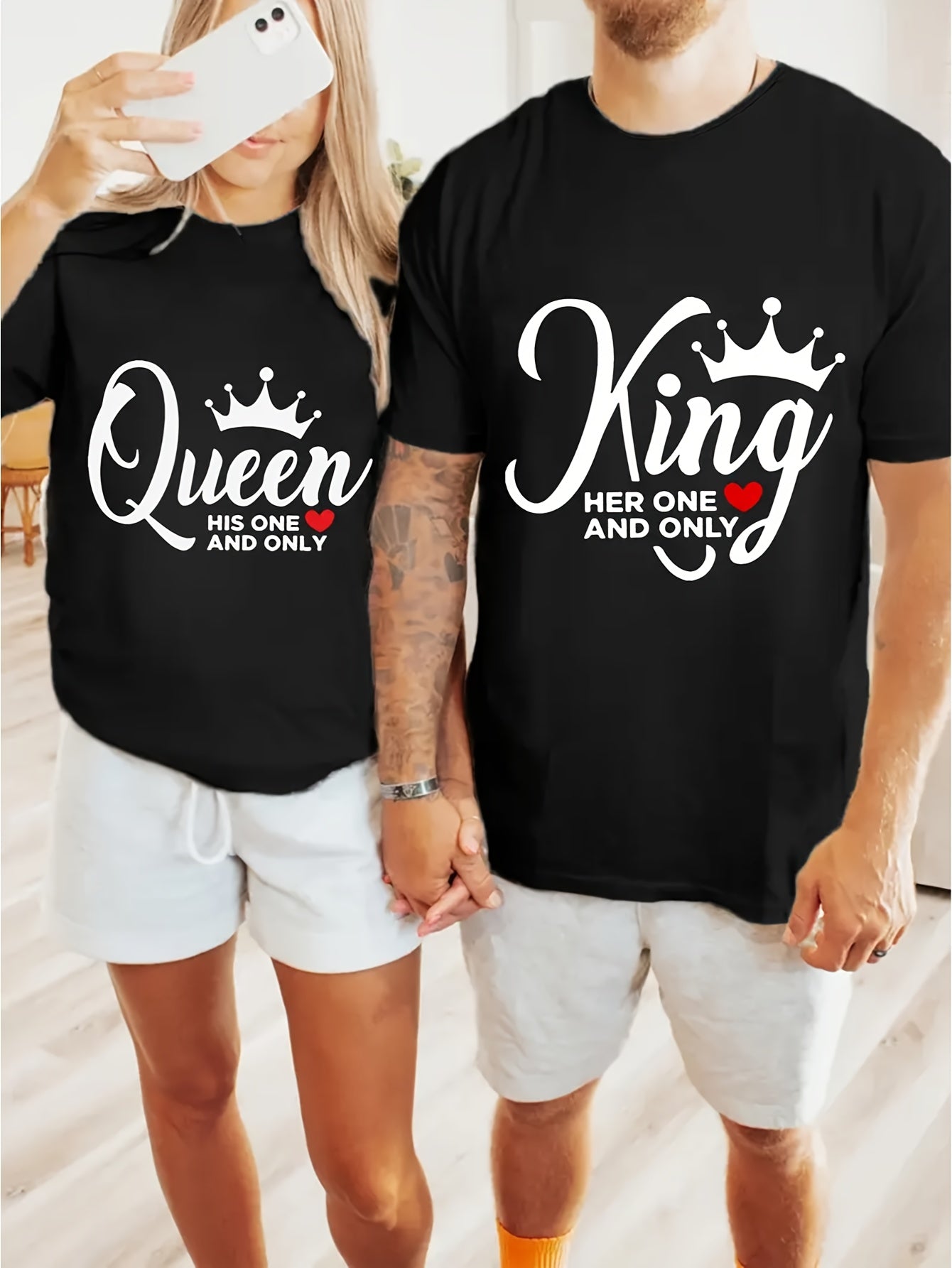 1pc Her King and His Queen Print Couples Matching T-Shirts - Casual Pure Cotton Short Sleeve Crew Neck Tees for Newlyweds & Lovers - Perfect for Christmas & Valentine's Day Gifts 180g Tee, Romantic Couple Wear, Newlywed Appar
