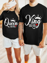 1pc Her King and His Queen Print Couples Matching T-Shirts - Casual Pure Cotton Short Sleeve Crew Neck Tees for Newlyweds & Lovers - Perfect for Christmas & Valentine's Day Gifts 180g Tee, Romantic Couple Wear, Newlywed Appar
