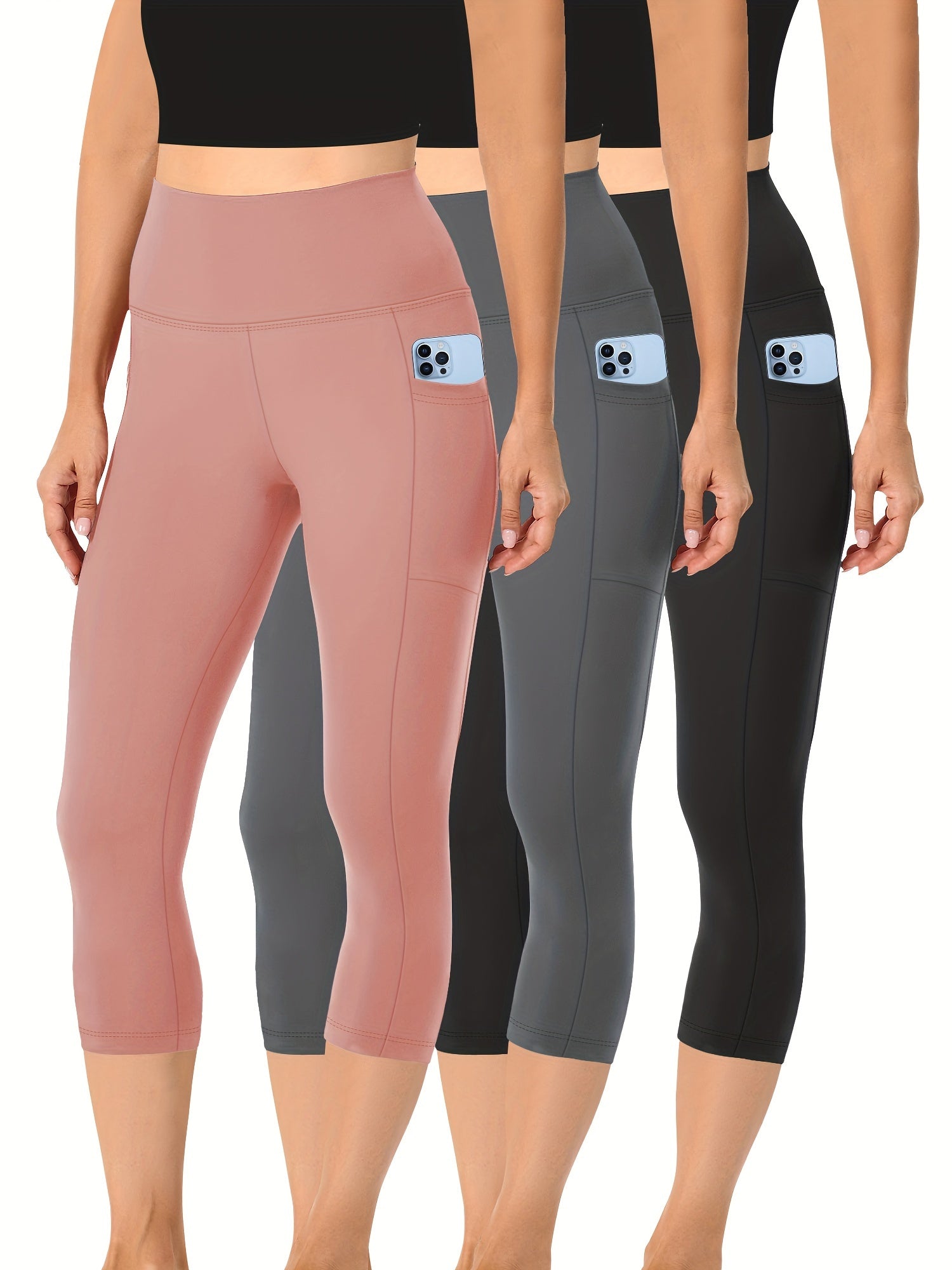 3pcs Set, Standard Size High Waist 7-point Women's Pants with Practical Side Pockets, High Elastic Body Shaping Leggings, Super Soft Tummy-controlling, Non-see-through Shorts.