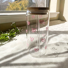 16oz Heart Print Glass Water Bottle with Straw and Lid, Hand Wash Only Recyclable Glass, Reusable Multipurpose Beverage Cup for Coffee, Milk, Juice, Beer
