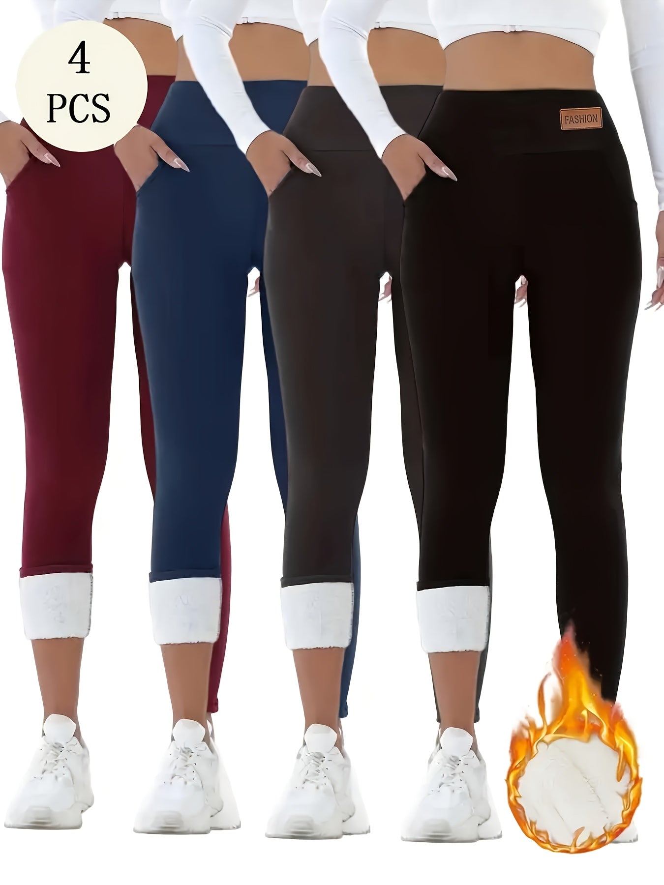 4 Pairs Of Winter Warm Women's Pants, Warm Pants, Tight-fitting Pants, Style, with Pockets, High Elasticity And, y And Casual, Home Pants, Work And Commuting Pants, Thickened Autumn And Winter Exclusive, Black|Gray|Blue |Red,