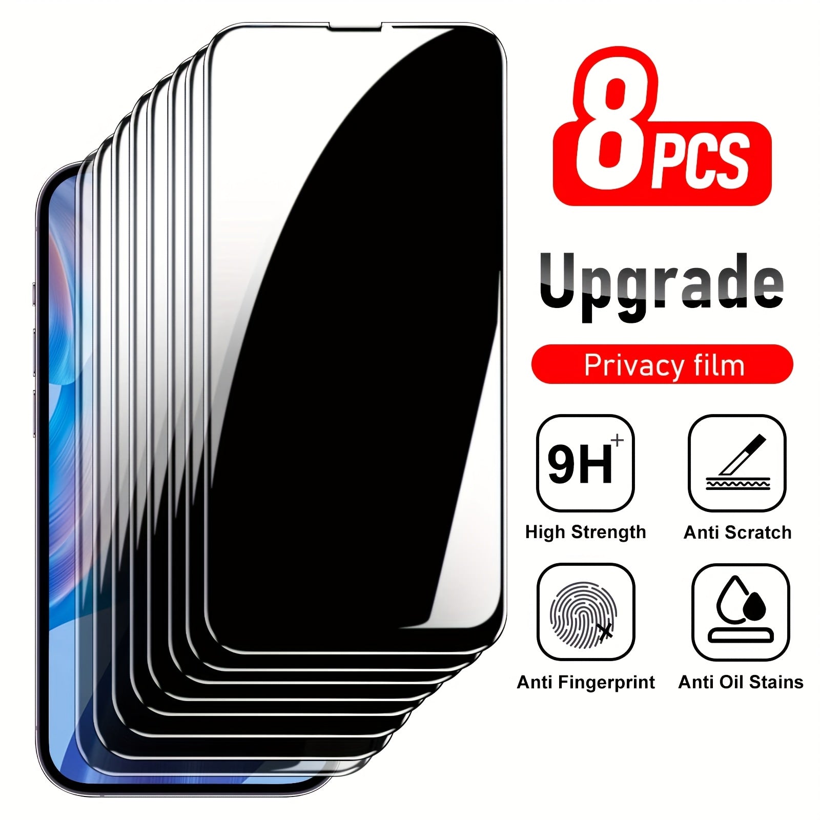 8pcs Anti Spy for iPhone X/XS/XR/12/13/14/15/16 Pro Max Anti Spy Screen Protector 9H Hardness Fingerprint Resistant Scratch Resistant Privacy Screen Tempered Glass Protector Screen Friendly
