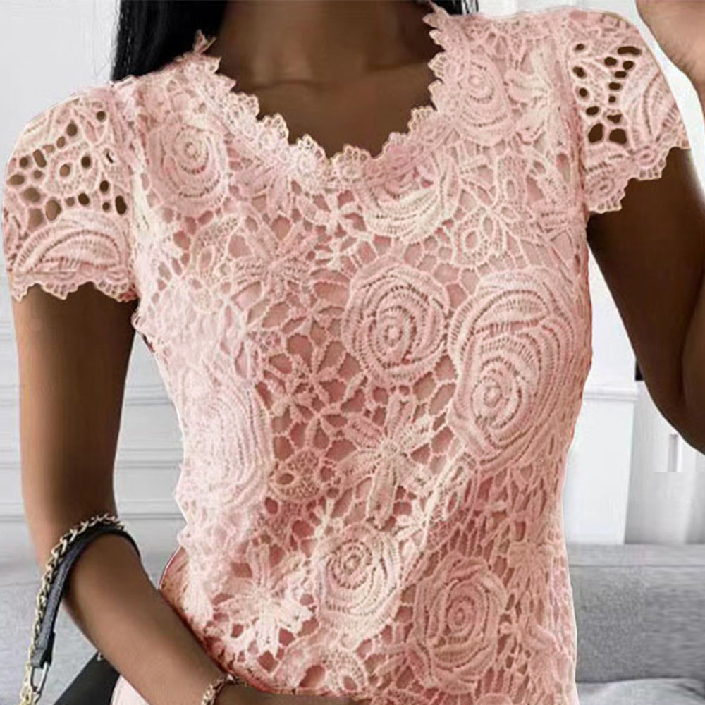 Femmes dentelle col rond hauts T-Shirts dames été décontracté à manches courtes Blouse pull mode vêtements pour