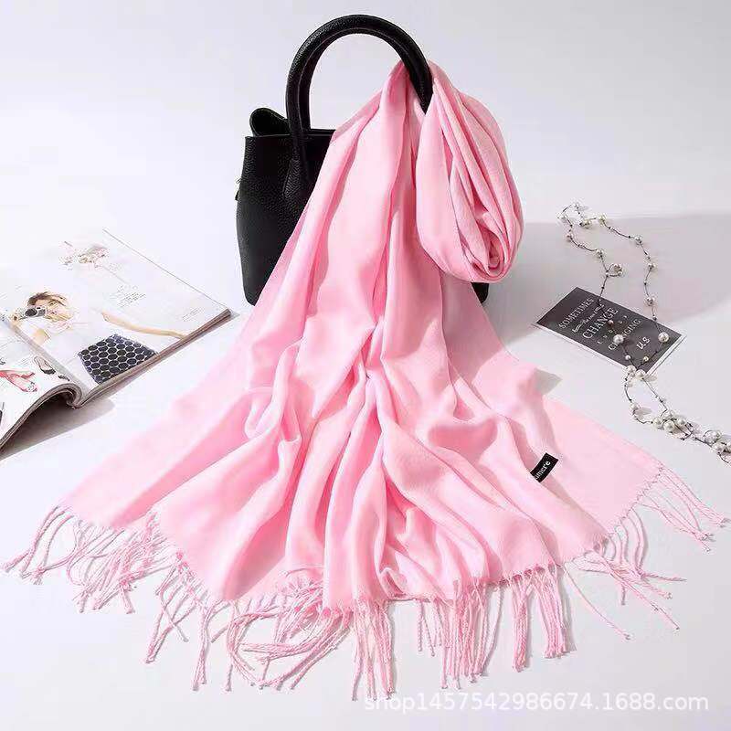 Imitation Cashmere Scarf for Women, Solid Color Fringed Warm Dual-use Shawl