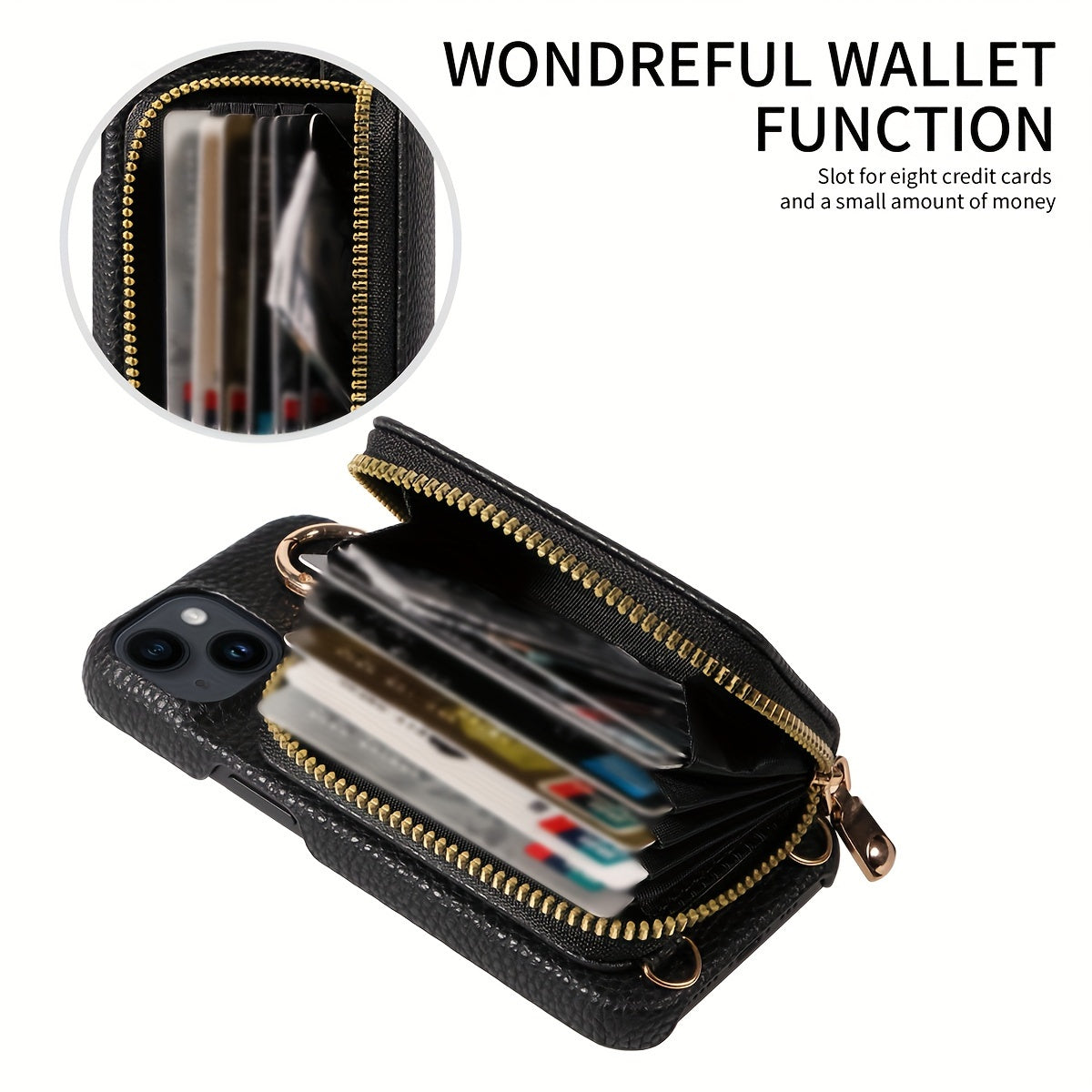 Leather Phone Case with Zipper Lanyard, Wallet, and Card Holder for iPhone (Multiple Models) - Anti-Drop and Convenient