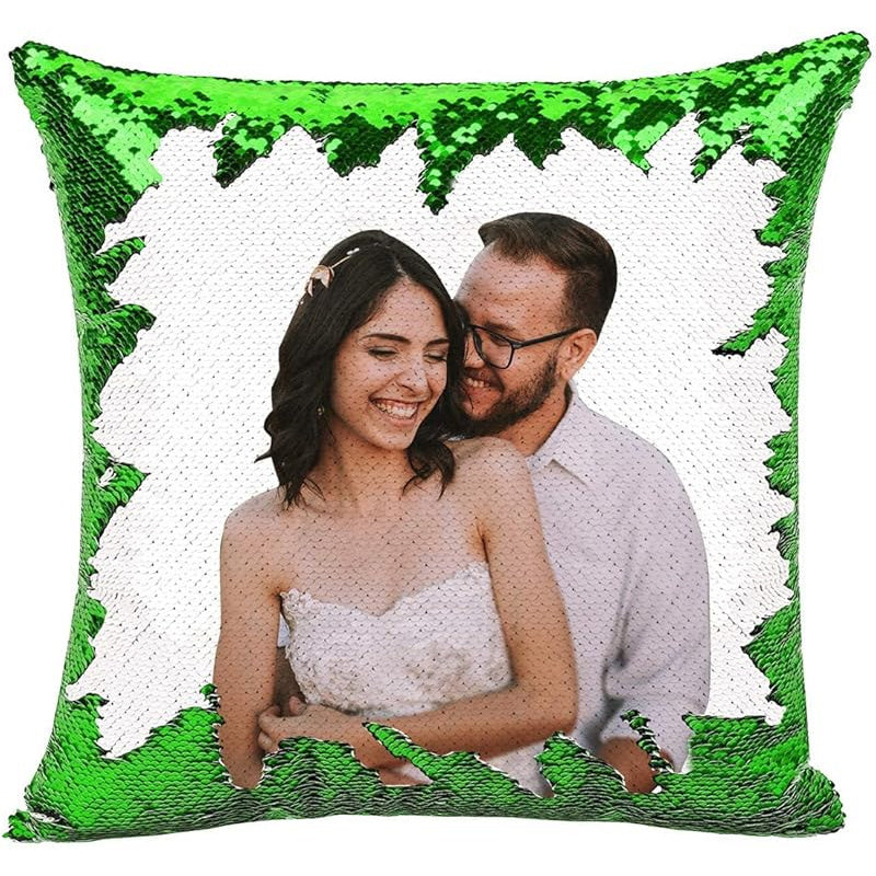 1pc Romantic Couple Photo Pillow Cover - Magical Reversible Home Decor Gift, 18.0inch x 18.0inch Anniversary Decoration Pillowcase, Peach Fleece Material with Simulated Sequin Design (No Sequins, Glitter Effect is Design)