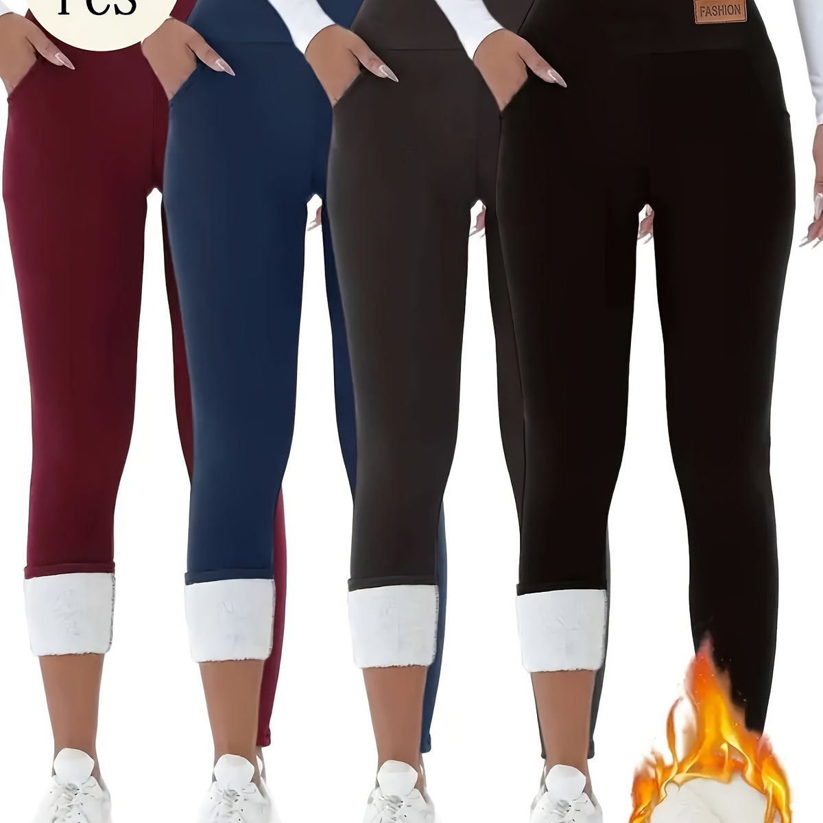 4 Pairs Of Winter Warm Women's Pants, Warm Pants, Tight-fitting Pants, Style, with Pockets, High Elasticity And, y And Casual, Home Pants, Work And Commuting Pants, Thickened Autumn And Winter Exclusive, Black|Gray|Blue |Red,