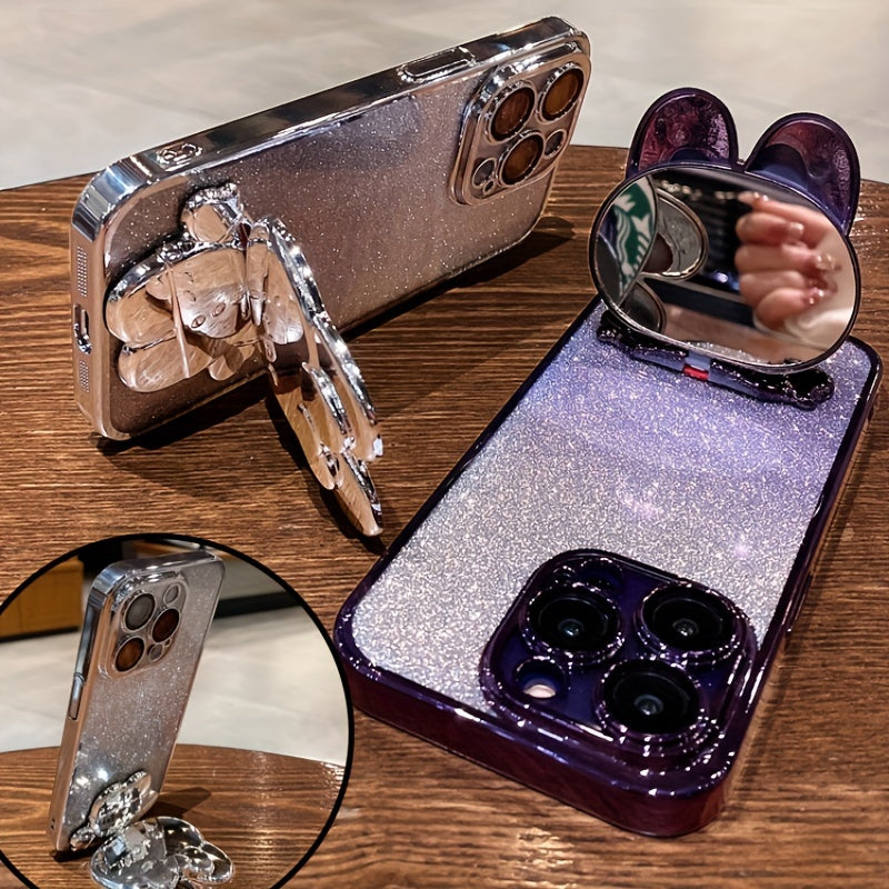 [Romantic iPhone Case] Apple iPhone 15/14/13/12/11Pro max Case, 1 Deluxe Electroplated | Romantic Cute Bunny Phone Holder and Hidden Holder - Shockproof Ultra-thin Protection, Easter - Valentine's Day Gift