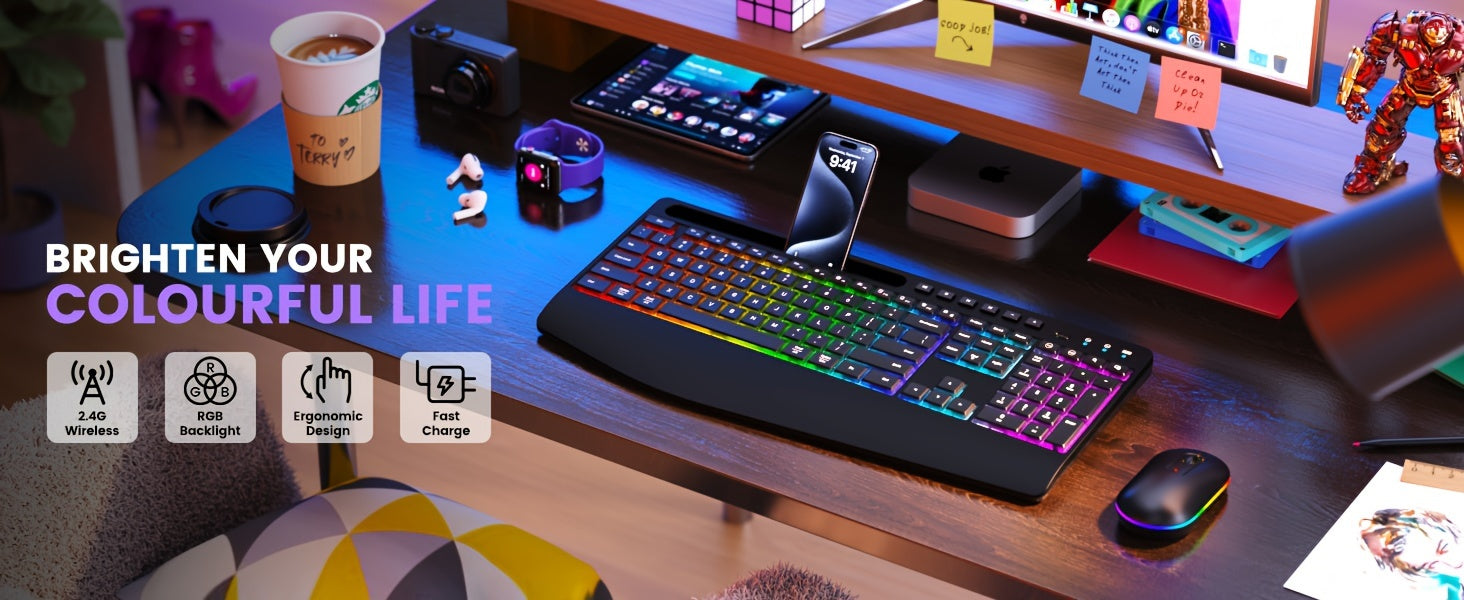 Rechargeable Wireless Keyboard Mouse Combo - Full-Size RGB Backlit Silent Ergonomic Keyboard with Phone/Tablet Holder, 2.4G Wireless Connection, Long-Lasting Battery Life, and Compact Design for Computer, PC, Laptop