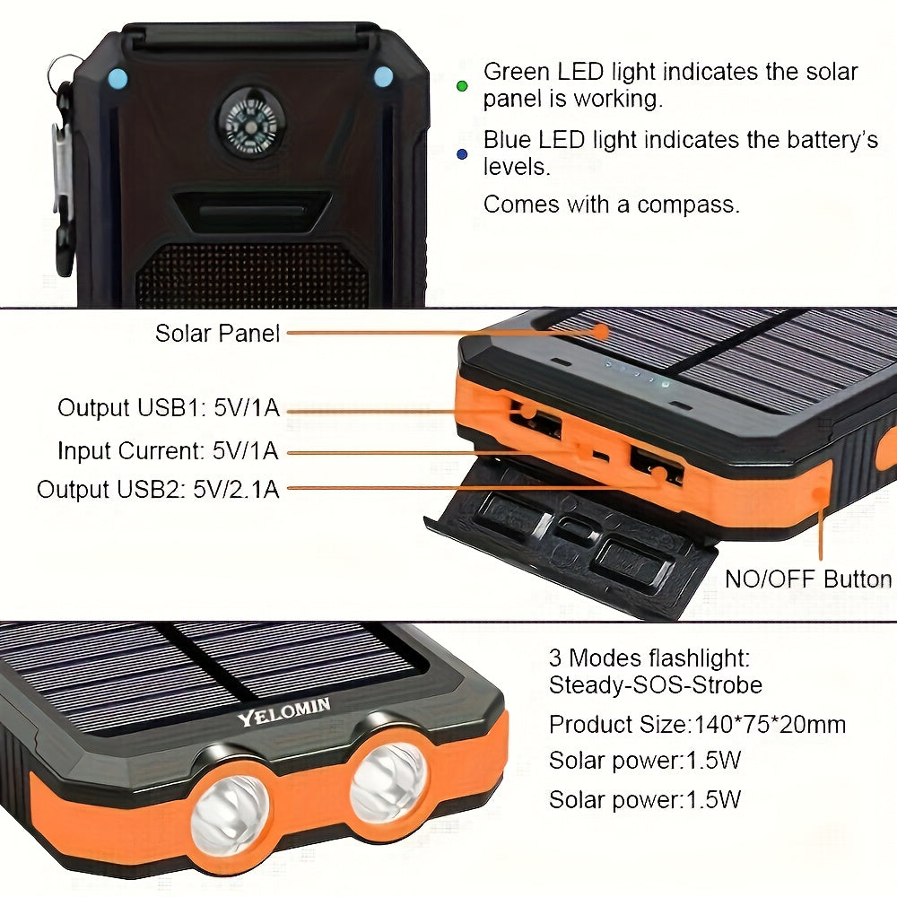 Portable Solar Mobile Phone Charger, Camping External Battery Charger For Mobile Phones, 2 USB/ LED Flashlights With Compass For Outdoor Activities, 20000mAh Portable Solar Power Bank