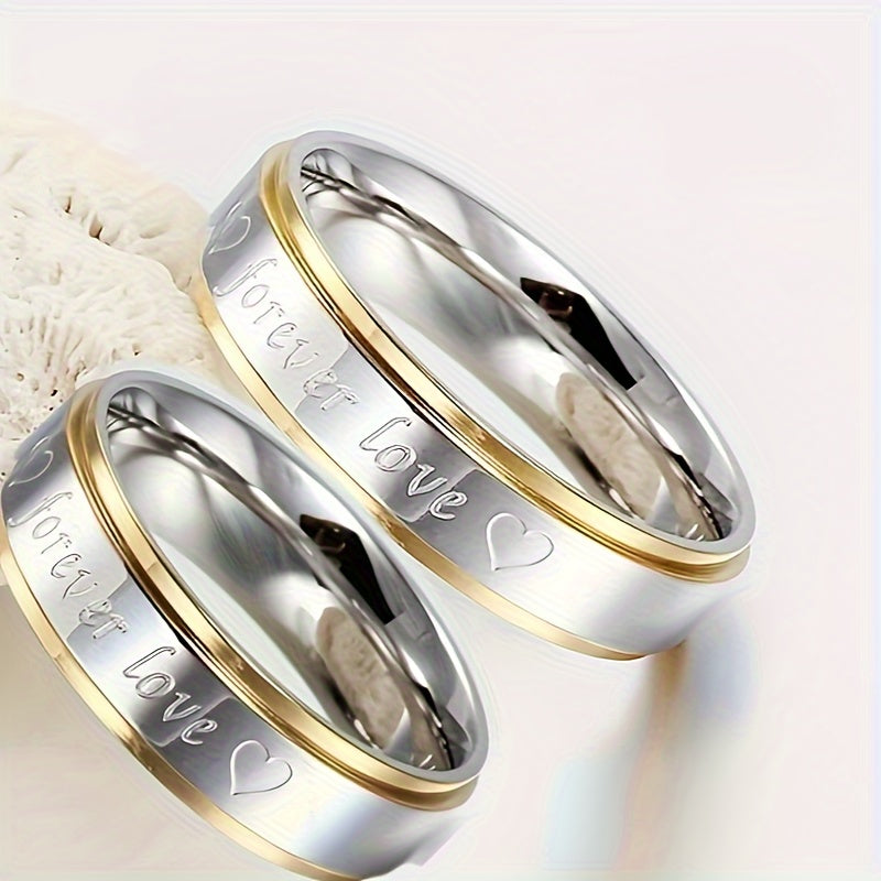 2pcs/set Classic Design Golden Silvery Two-color Polished Rings, Eternity Love Fashion Romantic Couple Ring