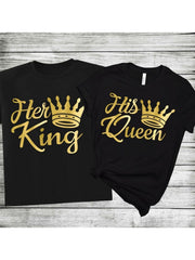 1pc Her King and His Queen Print Couples Matching T-Shirts - Casual Pure Cotton Short Sleeve Crew Neck Tees for Newlyweds & Lovers - Perfect for Christmas & Valentine's Day Gifts 180g Tee, Romantic Couple Wear, Newlywed Appar