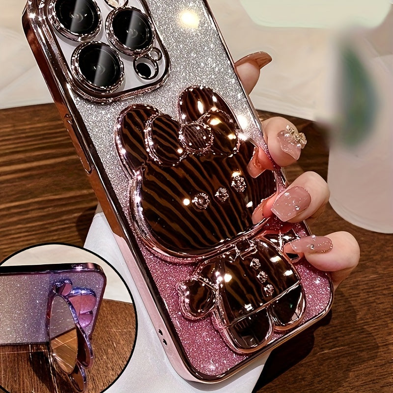 [Romantic iPhone Case] Apple iPhone 15/14/13/12/11Pro max Case, 1 Deluxe Electroplated | Romantic Cute Bunny Phone Holder and Hidden Holder - Shockproof Ultra-thin Protection, Easter - Valentine's Day Gift