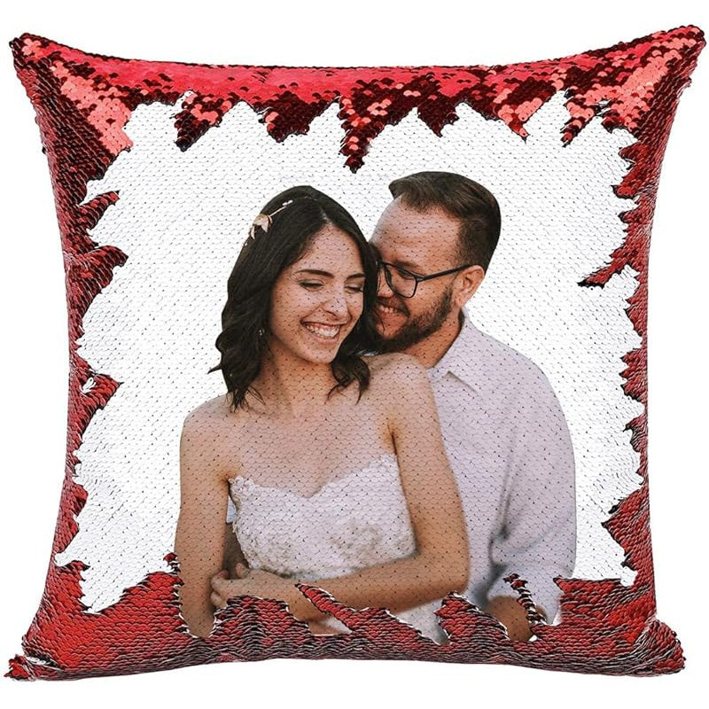 1pc Romantic Couple Photo Pillow Cover - Magical Reversible Home Decor Gift, 18.0inch x 18.0inch Anniversary Decoration Pillowcase, Peach Fleece Material with Simulated Sequin Design (No Sequins, Glitter Effect is Design)