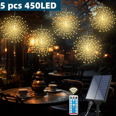 5 Pcs 450LEDs Solar Starburst Sphere Lights, Firework Lights Remote Control Timer 8 Modes Dimmable IP65 Waterproof Hanging Fairy Light, Copper Wire Sparkly Lights For Patio Party Tent Christmas