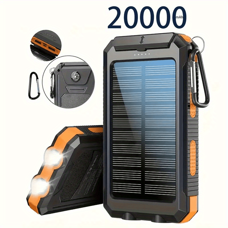 Portable Solar Mobile Phone Charger, Camping External Battery Charger For Mobile Phones, 2 USB/ LED Flashlights With Compass For Outdoor Activities, 20000mAh Portable Solar Power Bank