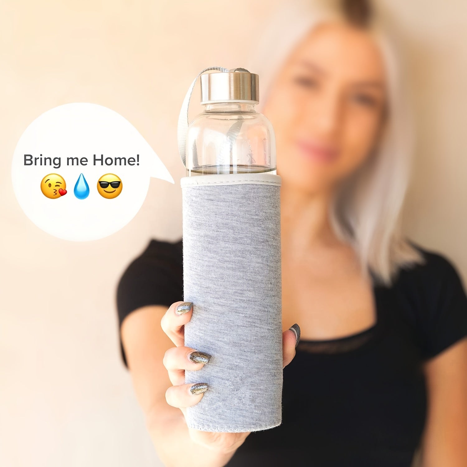 15oz Enchanting Crystal Glass Water Bottle with Natural Stone Infusion - Sustainable, Relaxing Gift for Women with Protective Cover and Detachable Gemstone