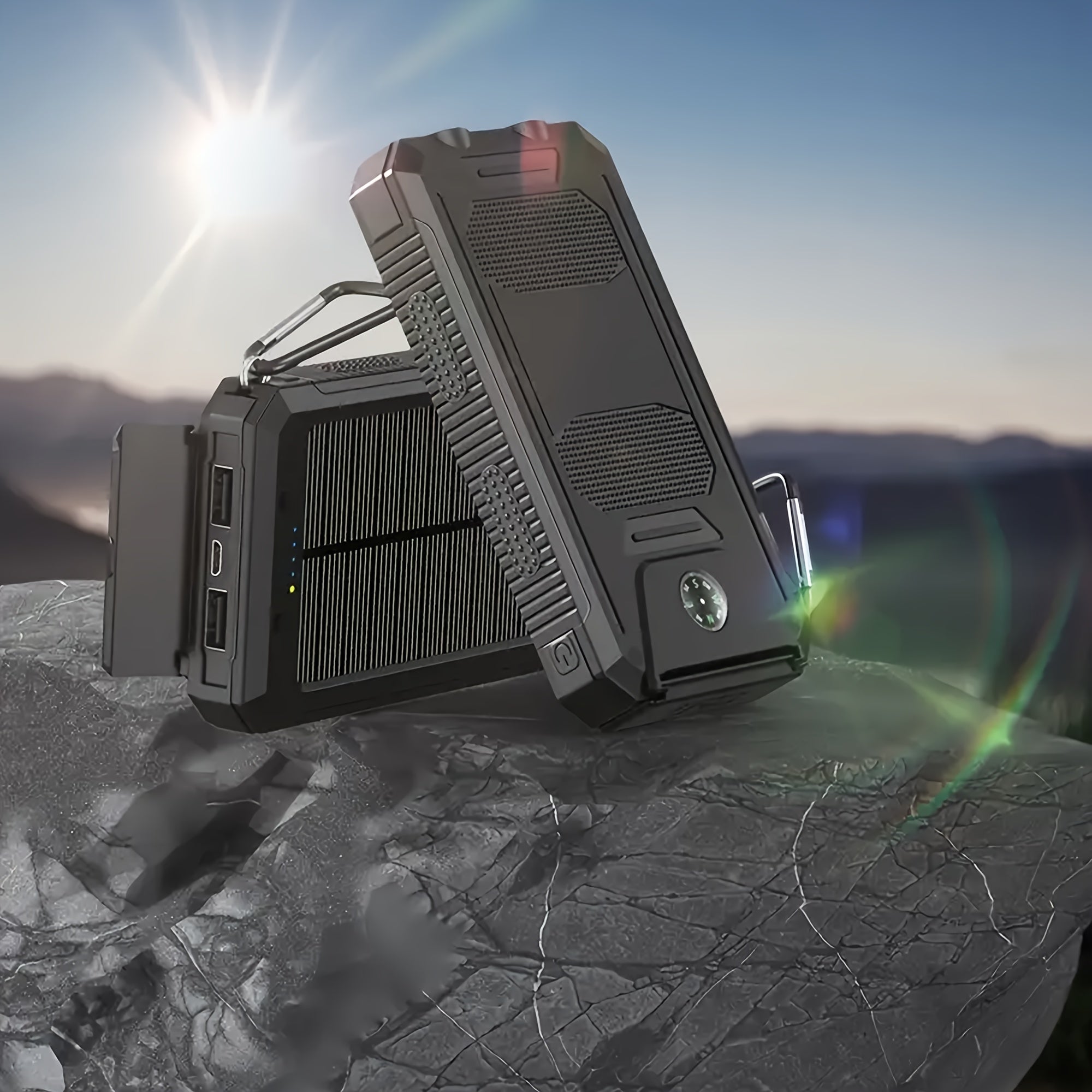 Portable Solar Mobile Phone Charger, Camping External Battery Charger For Mobile Phones, 2 USB/ LED Flashlights With Compass For Outdoor Activities, 20000mAh Portable Solar Power Bank