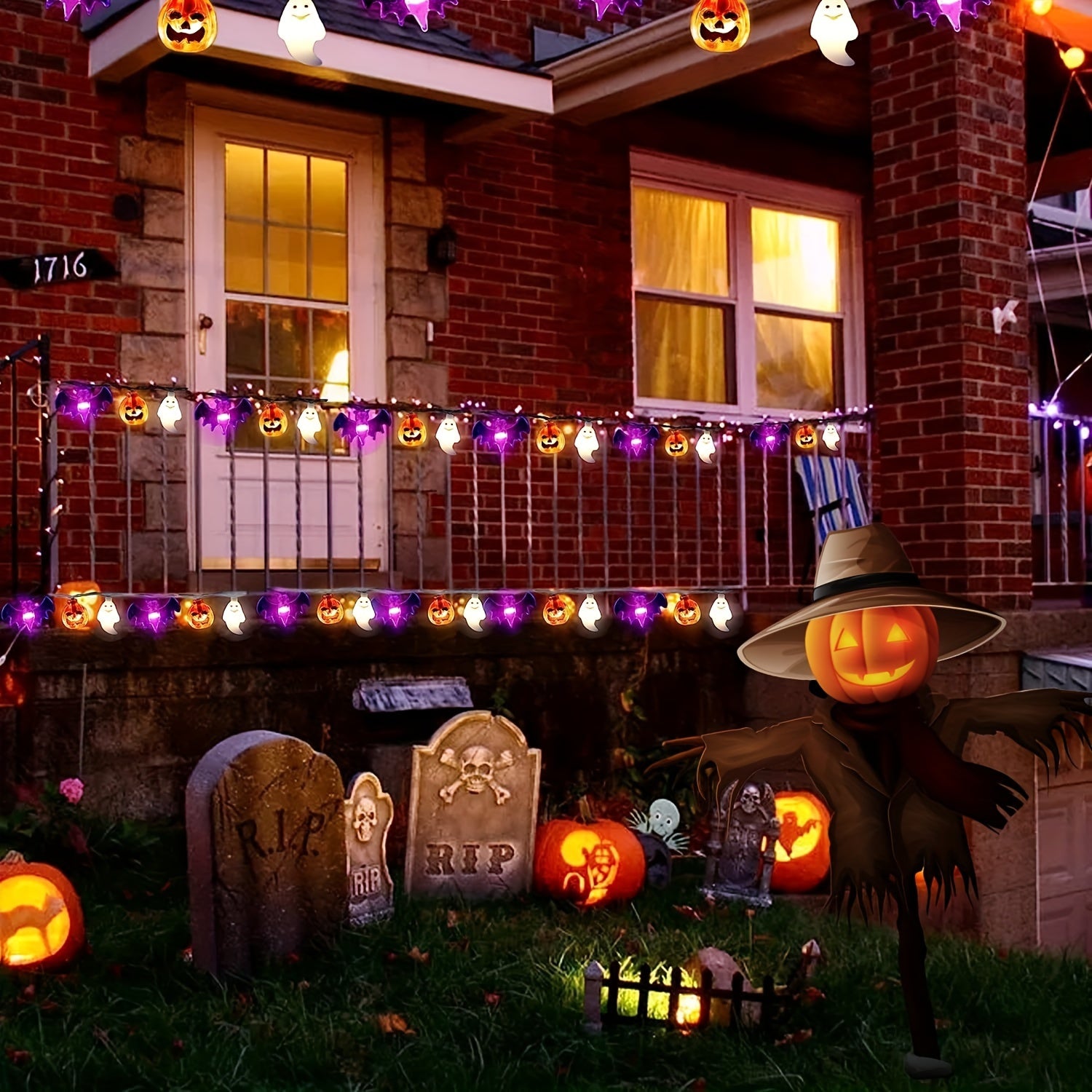 20/50 LED 3D Pumpkin Bat Ghost Waterproof String Lights - 9.8FT/16.4FT Battery Operated With Timer, 8 Lighting Modes, Cute Fairy Light For Window Indoor Outdoor Decor Halloween Party Decorations