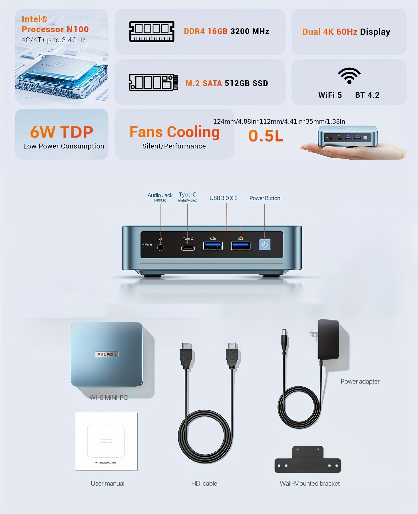 PELADN Mini PC, WI-6 Mini Computer with Intel N150/N100/N95 Processor (Up to 3.4GHz), 16GB DDR4 RAM, 512GB M.2 SSD, 4K@60Hz/WiFi5/BT4.2/Type-C/Dual Display, Desktop Workstation